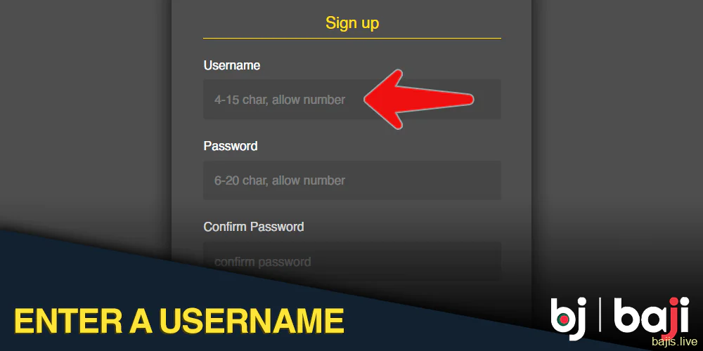 Enter a username into Baji registration form