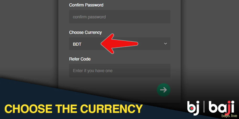 Select your currency on the Baji registration form