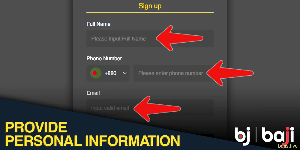 Enter your personal information into the Baji registration form: name, phone number, email