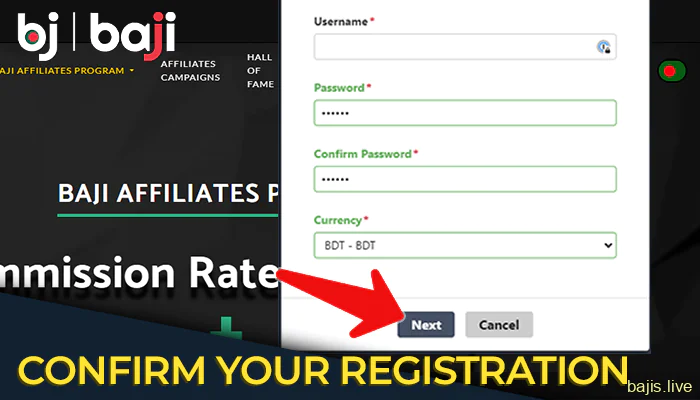 On the Baji Affiliate page, confirm your registration by clicking Sign Up