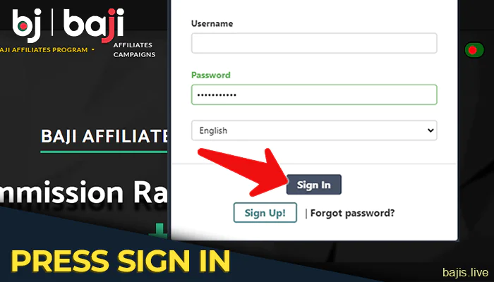 Log in to your profile on the Baji affiliate page