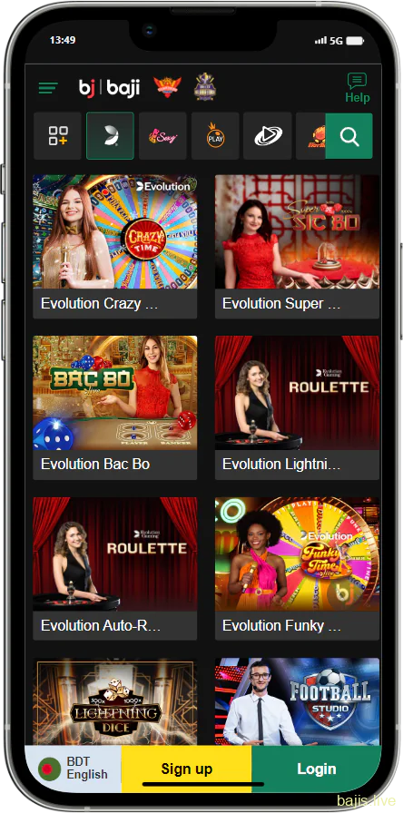 Casino page of Baji mobile app