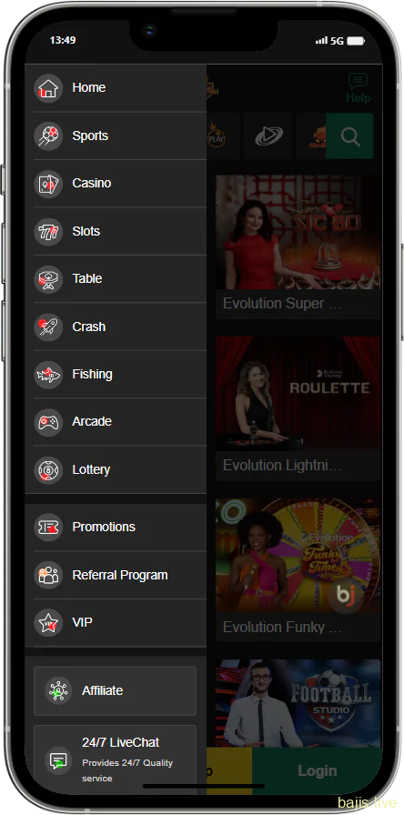 Side menu of Baji Casino app